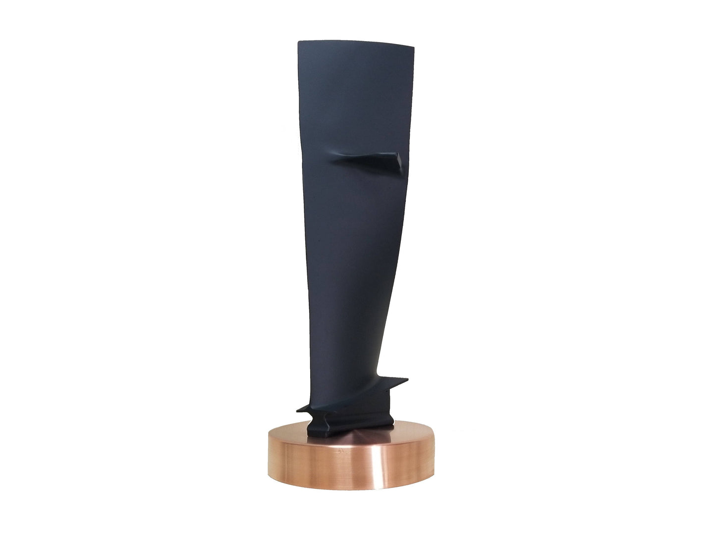 Carbon Black and Copper Pratt & Whitney JT8D stage 1 jet engine blade on a stand.