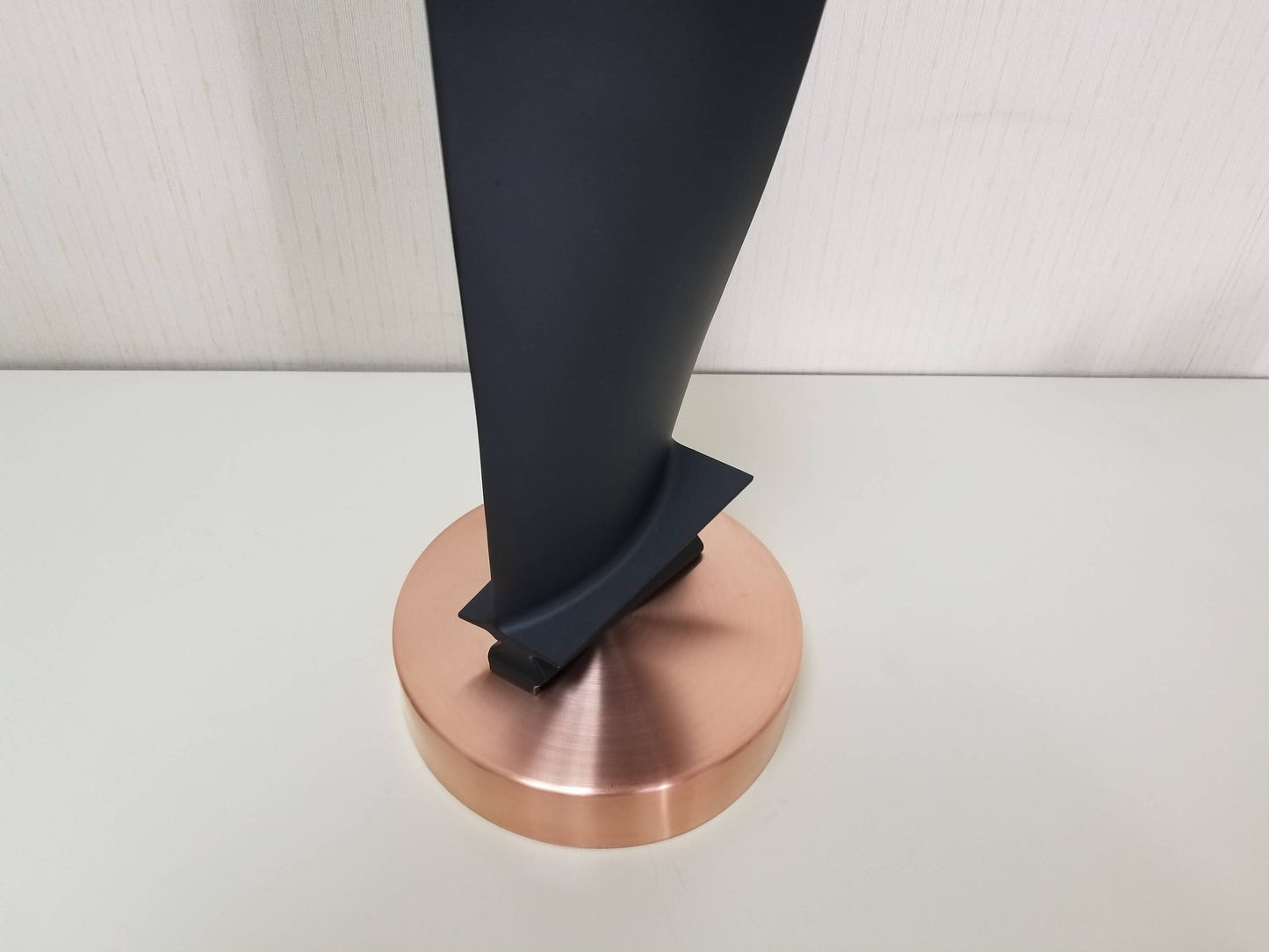 Carbon Black and Copper Pratt & Whitney JT8D stage 1 jet engine blade on a stand.
