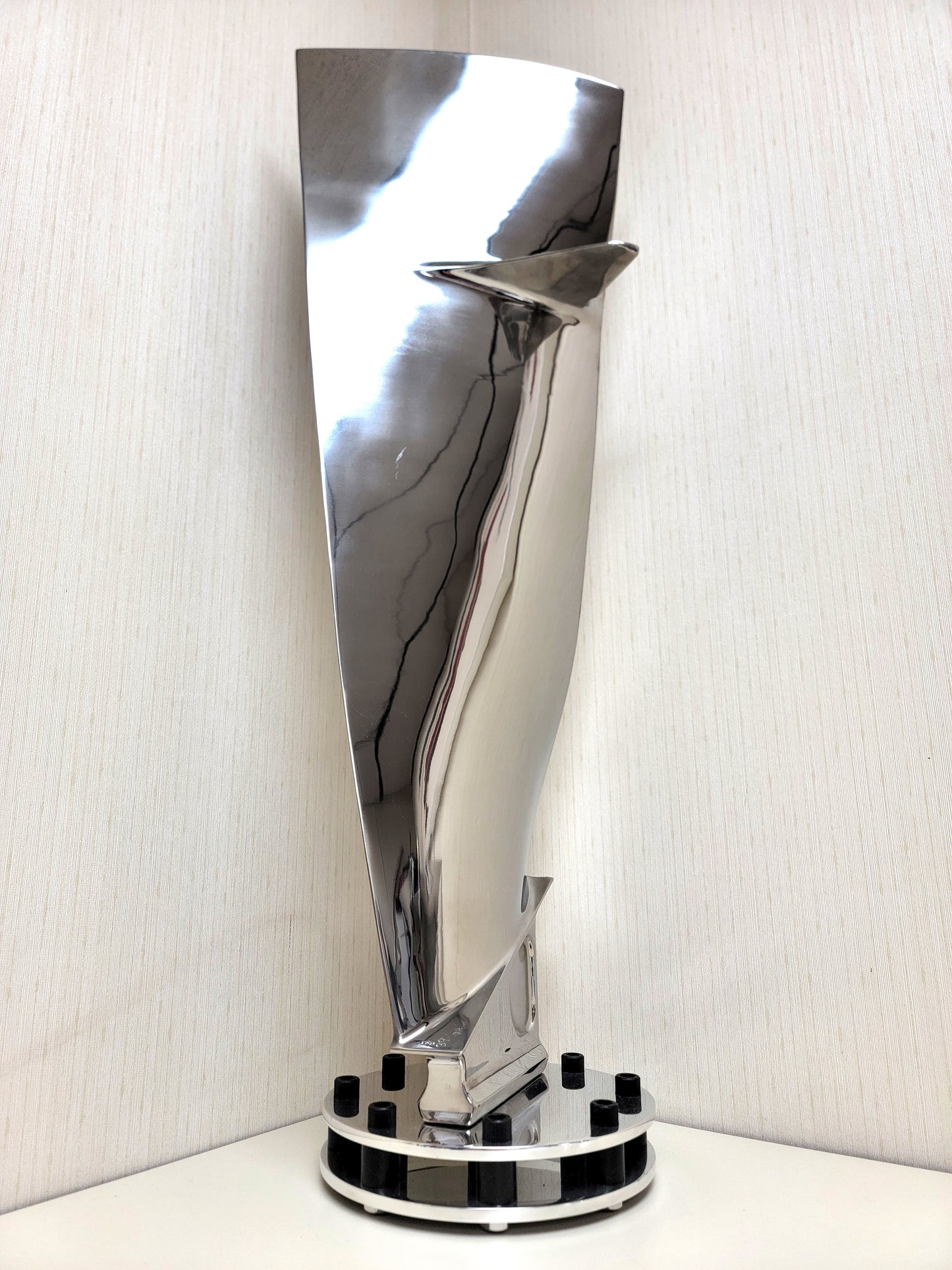 Boeing 747 Polished General Electric CF6 Jet Engine Blade Statue with intricate double base.